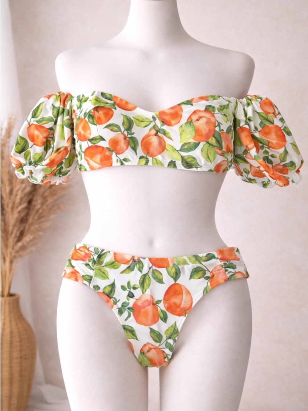BCBG White Orange & Green Off-Shoulder Puff Sleeve Bikini